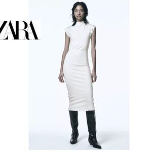 Zara White ribbed short sleeve mock neck Bodycon soft stretch midi dress M NWOT